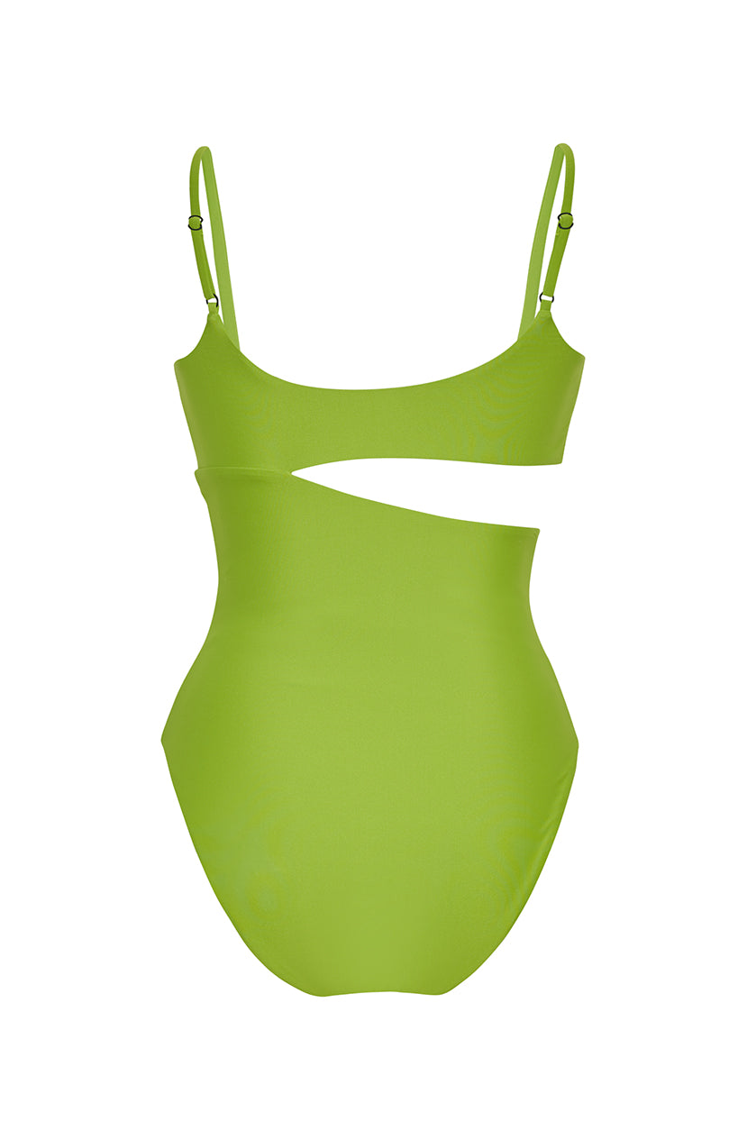 ROEM Nerissa One-Piece swimsuit in Avocado, back view showing the scoop neckline and waist cutout