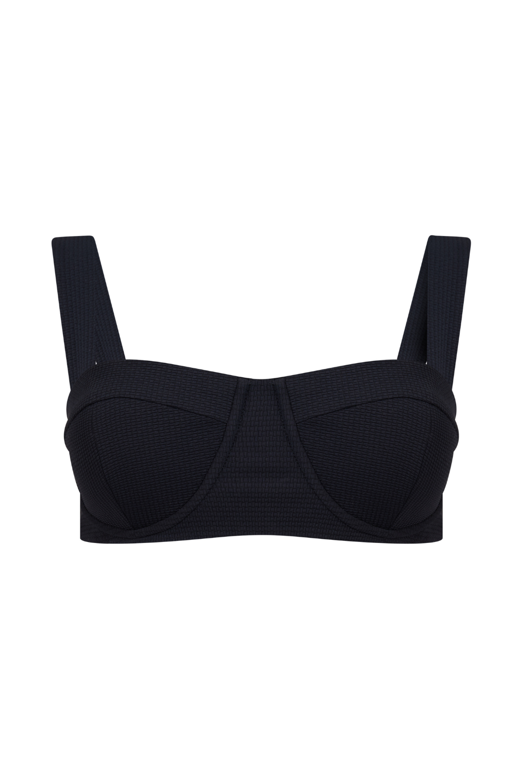 ROEM Calabria Top in Black, front view showing the underwire silhouette