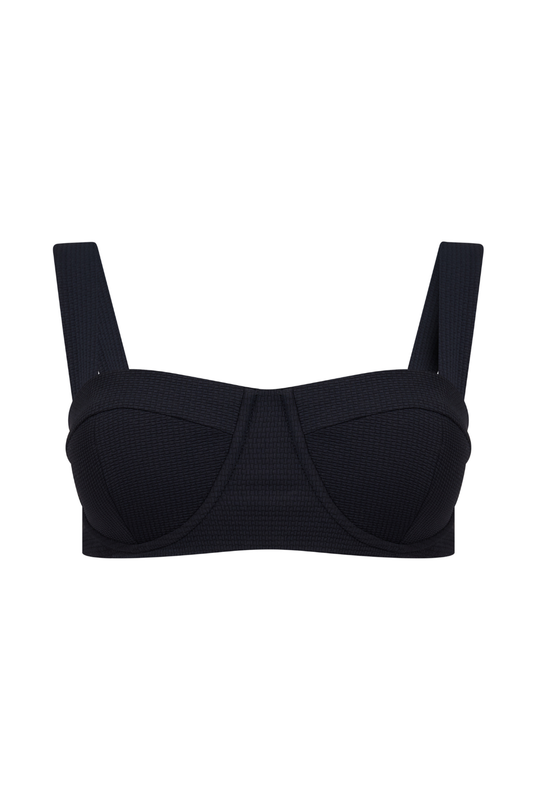 ROEM Calabria Top in Black, front view showing the underwire silhouette