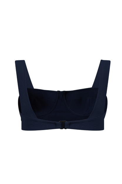 ROEM Calabria Top in Indigo, front view showing the underwire silhouette