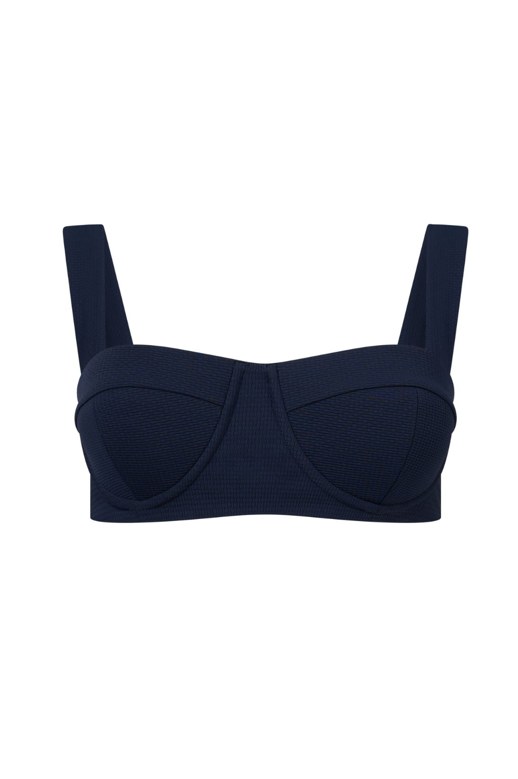 ROEM Calabria Top in Indigo, front view showing the underwire silhouette