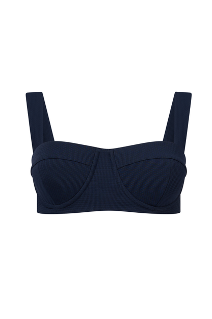 ROEM Calabria Top in Indigo, front view showing the underwire silhouette