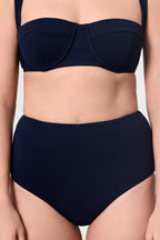 Close-up of the ROEM Calabria Top and Lana Texture Bottom in Indigo, front detail