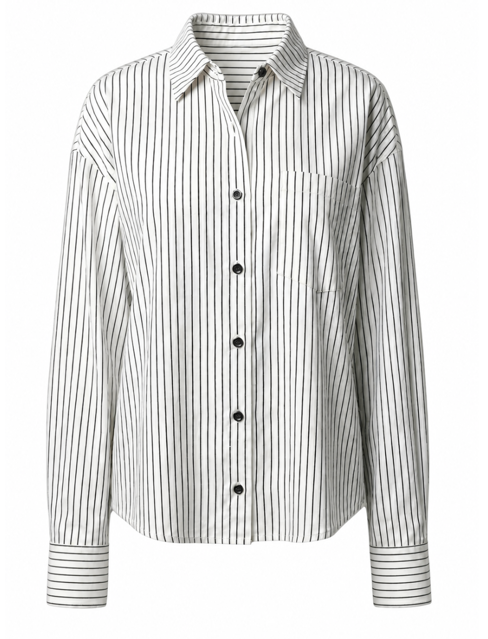ROEM Cooper Button Down Top in Black and White Stripe, flat lay view