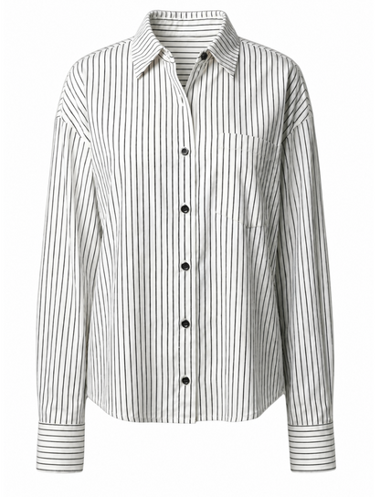ROEM Cooper Button Down Top in Black and White Stripe, flat lay view