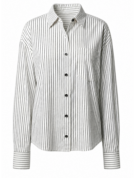 ROEM Cooper Button Down Top in Black and White Stripe, flat lay view