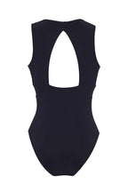 ROEM Cordelia One-Piece swimsuit in Black, back view showing the open back and center waist band
