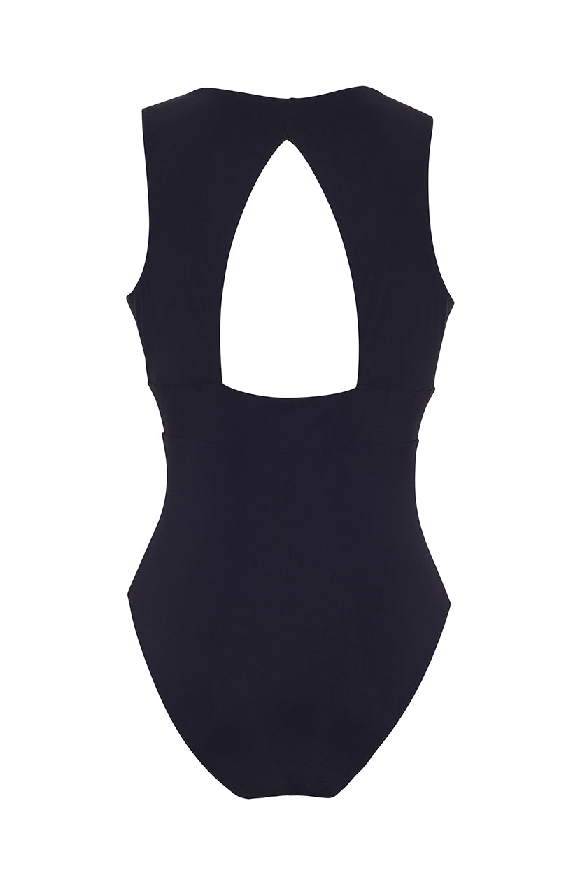 ROEM Cordelia One-Piece swimsuit in Black, back view showing the open back and center waist band