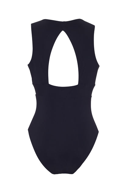 ROEM Cordelia One-Piece swimsuit in Black, back view showing the open back and center waist band