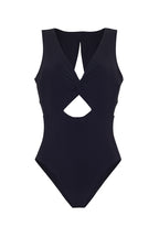ROEM Cordelia One-Piece swimsuit in Black, front view showing the twist top bust and keyhole detail