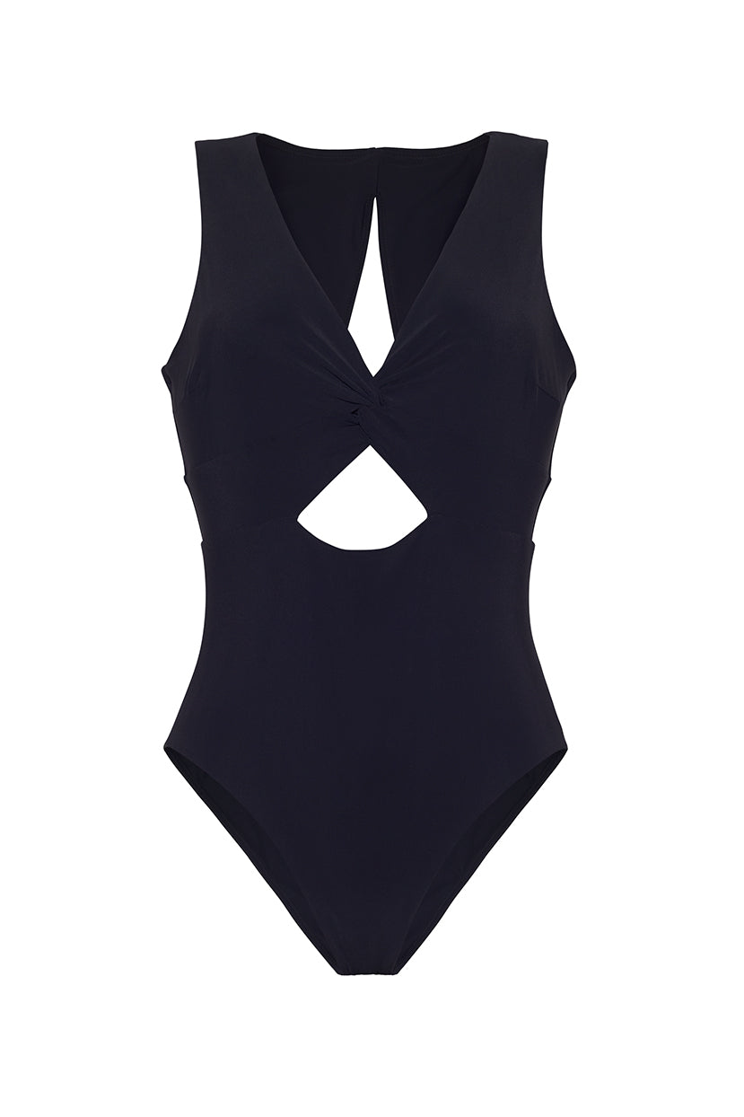ROEM Cordelia One-Piece swimsuit in Black, front view showing the twist top bust and keyhole detail