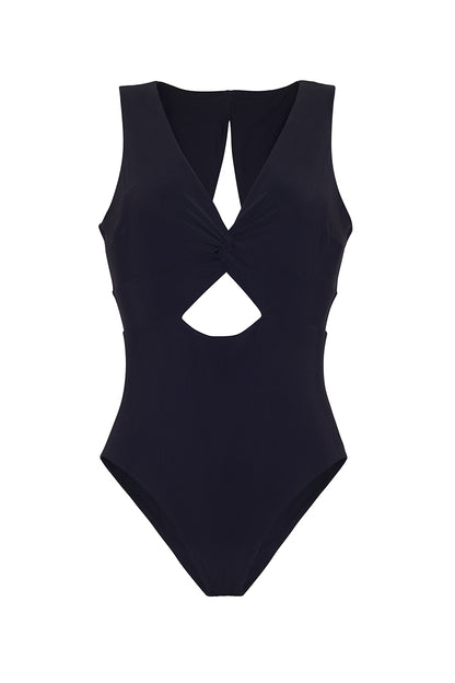 ROEM Cordelia One-Piece swimsuit in Black, front view showing the twist top bust and keyhole detail