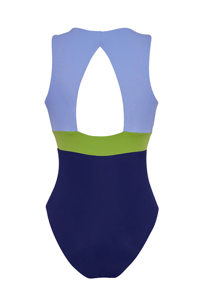 ROEM Cordelia One-Piece swimsuit in Periwinkle/Avocado/Navy print, back view showing the open back and center waist band