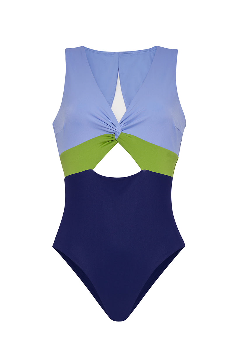 ROEM Cordelia One-Piece swimsuit in Periwinkle/Avocado/Navy print, front view showing the twist top bust and keyhole detail