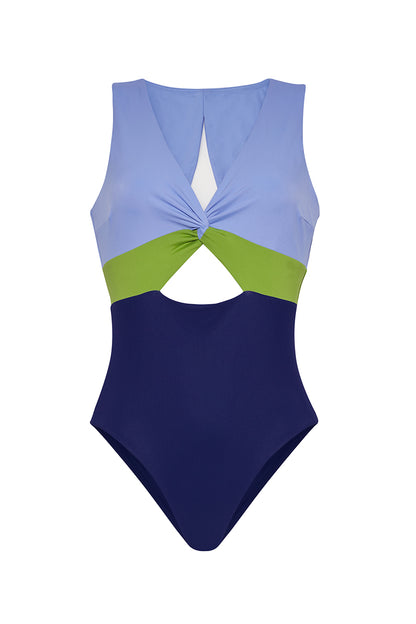 ROEM Cordelia One-Piece swimsuit in Periwinkle/Avocado/Navy print, front view showing the twist top bust and keyhole detail