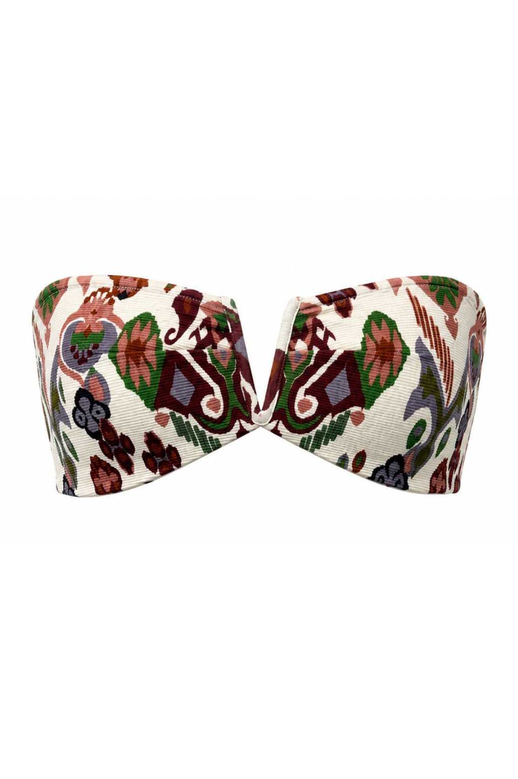 ROEM Lorient Bandeau Top in Goa Ikat, front view showing the V-wire center detail