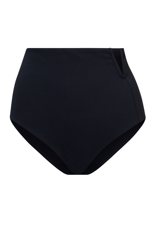 ROEM Marigot V High Rise Bottom in Black, front view showing the V-notch waistband