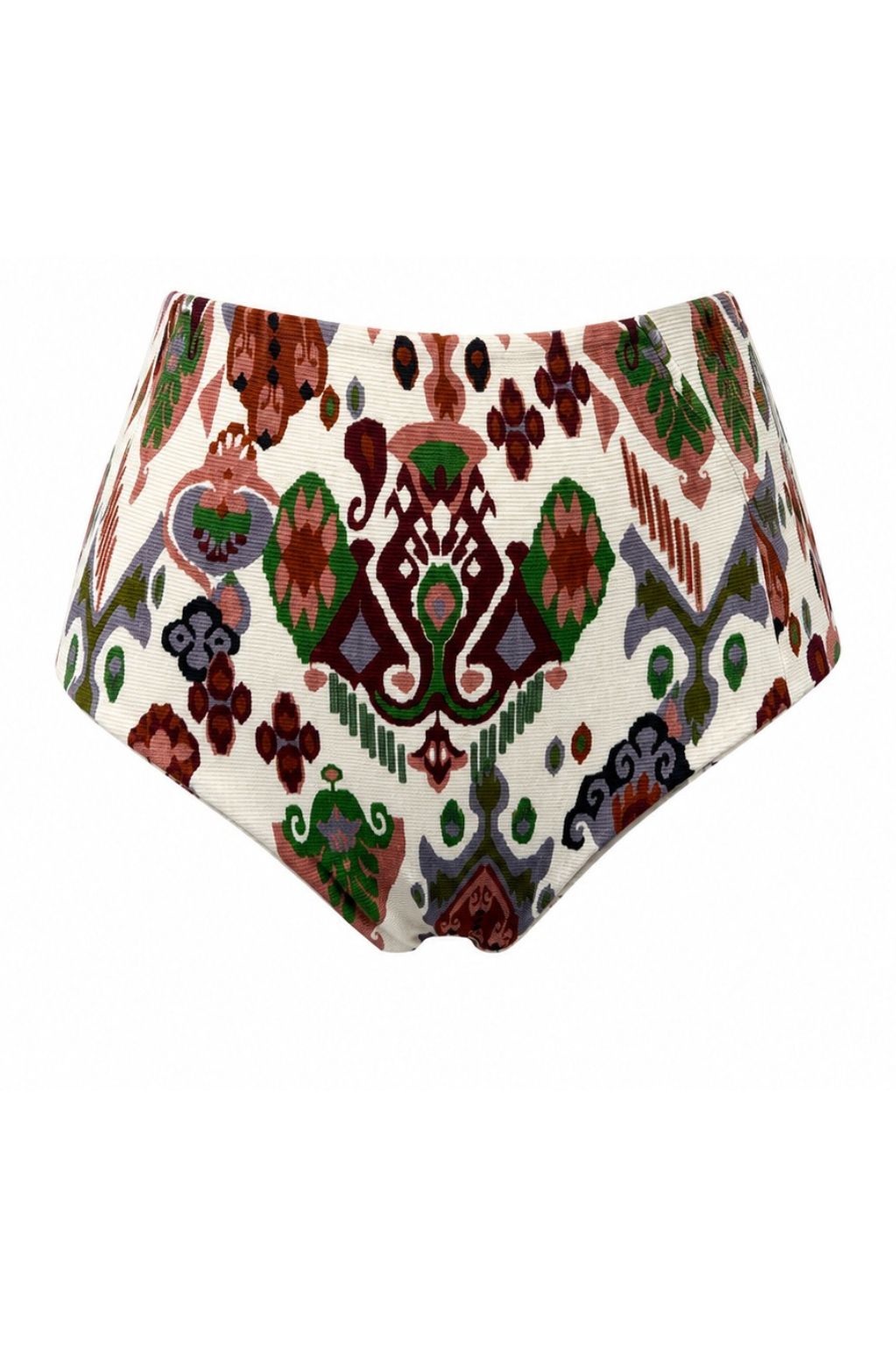 ROEM Marigot V High Rise Bottom in Goa Ikat, front view showing the V-notch waistband