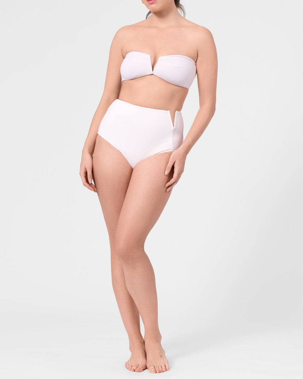 Model wearing the ROEM Marigot V High Rise Bottom in Pearl, front view