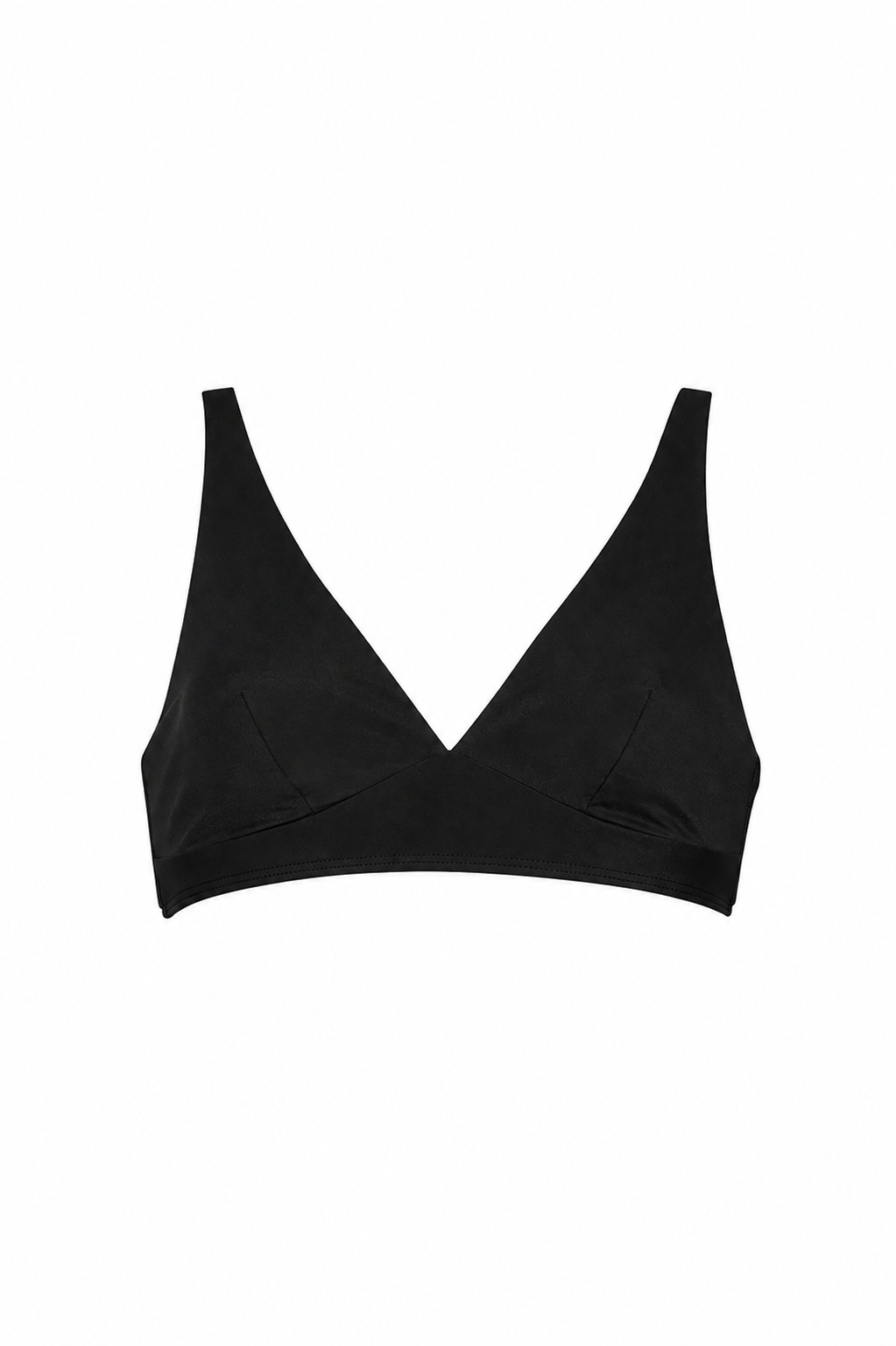 ROEM Matira Bikini Top in Black, front view showing the V-neckline and adjustable straps