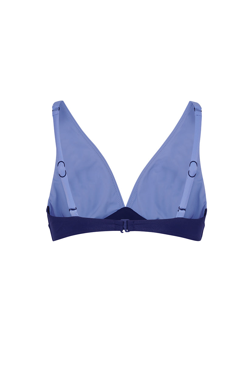 ROEM Matira Bikini Top in Periwinkle/Navy, back view showing the V-neckline and adjustable straps