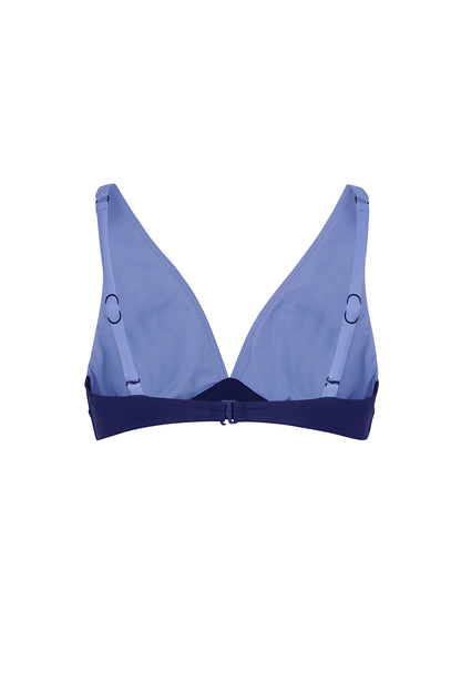 ROEM Matira Bikini Top in Periwinkle/Navy, back view showing the V-neckline and adjustable straps