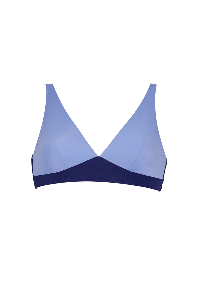 ROEM Matira Bikini Top in Periwinkle/Navy, front view showing the V-neckline and adjustable straps