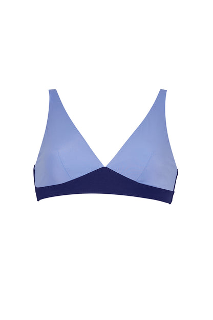 ROEM Matira Bikini Top in Periwinkle/Navy, front view showing the V-neckline and adjustable straps