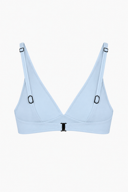 ROEM Matira Bikini Top in Pool, back view showing the V-neckline and adjustable straps"