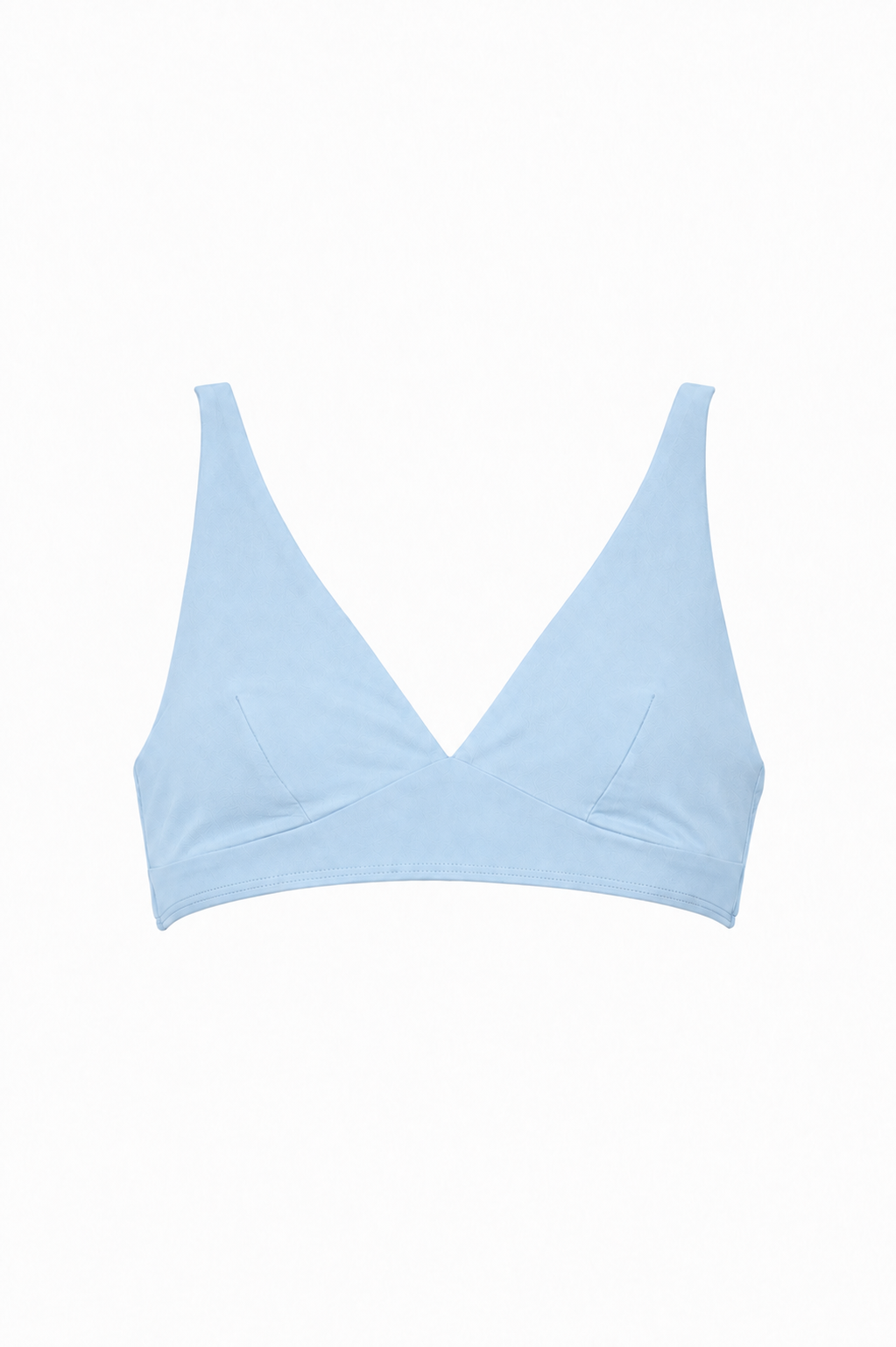 ROEM Matira Bikini Top in Pool, front view showing the V-neckline and adjustable straps