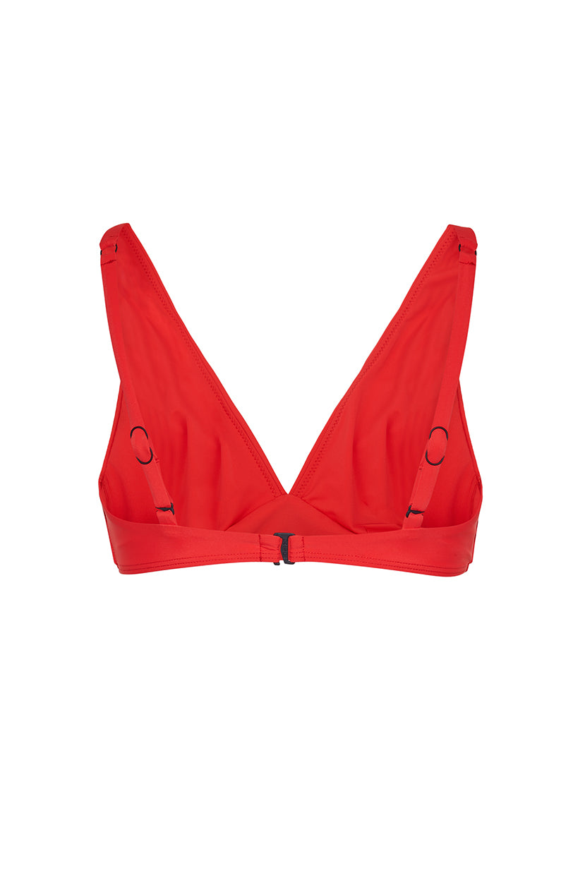 ROEM Matira Bikini Top in Poppy Red, back view showing the V-neckline and adjustable straps