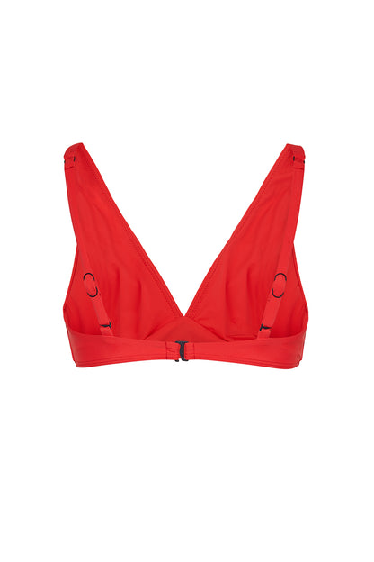 ROEM Matira Bikini Top in Poppy Red, back view showing the V-neckline and adjustable straps