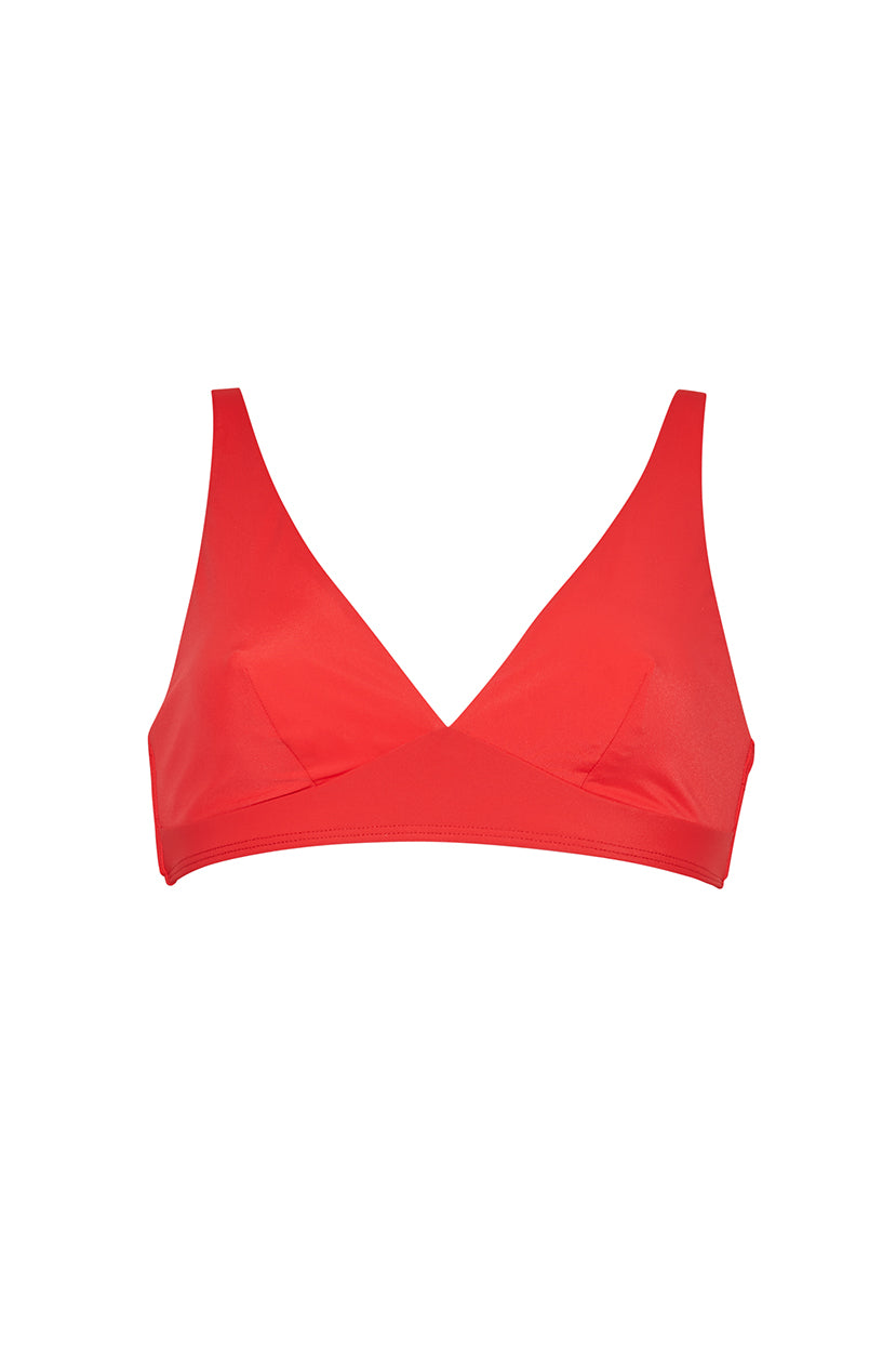 ROEM Matira Bikini Top in Poppy Red, front view showing the V-neckline and adjustable straps