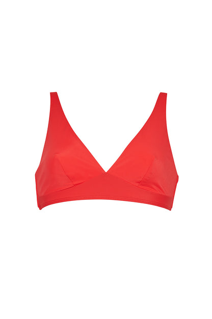 ROEM Matira Bikini Top in Poppy Red, front view showing the V-neckline and adjustable straps