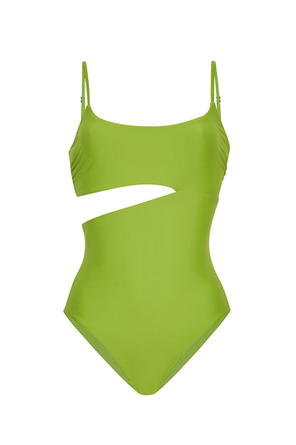 ROEM Nerissa One-Piece swimsuit in Avocado, front view showing the scoop neckline and waist cutout