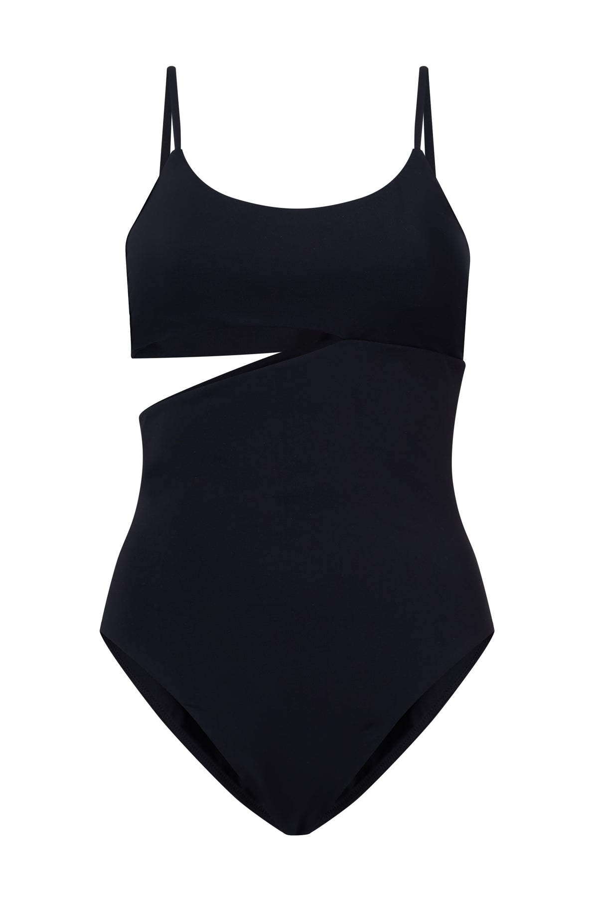 ROEM Nerissa One-Piece swimsuit in Black, front view showing the scoop neckline and waist cutout