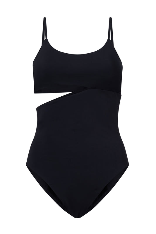 ROEM Nerissa One-Piece swimsuit in Black, front view showing the scoop neckline and waist cutout