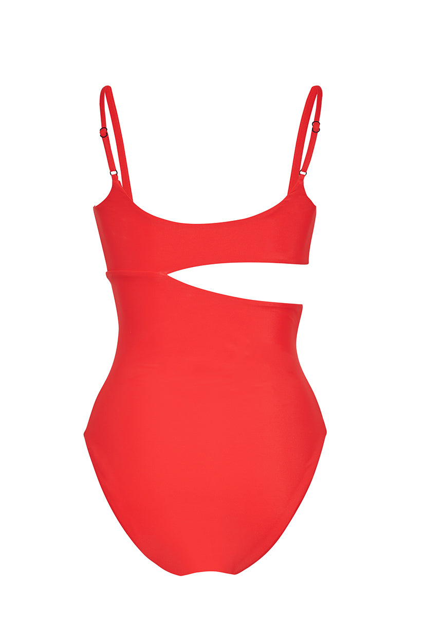 ROEM Nerissa One-Piece swimsuit in Poppy Red, back view showing the scoop neckline and waist cutout