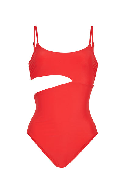 ROEM Nerissa One-Piece swimsuit in Poppy Red, front view showing the scoop neckline and waist cutout