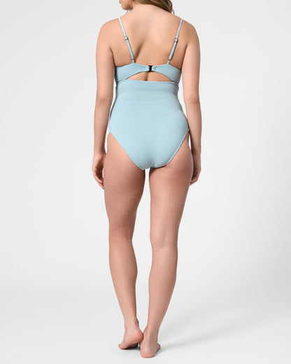 Model wearing the ROEM Santa Cruz One Piece in Pool, back view